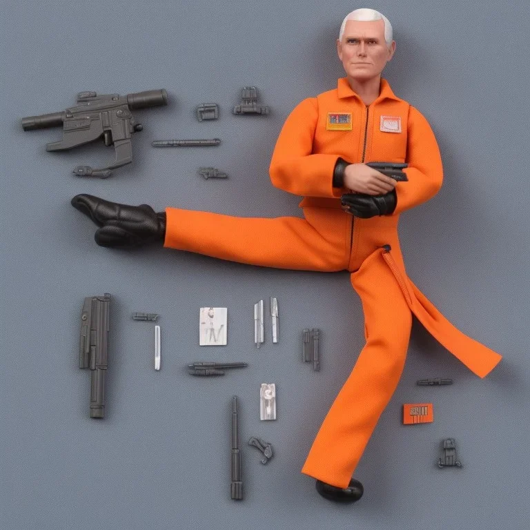 a large pile of face Mike Pence G.I. Joe toy Doll spaceforce uniform, orange blue fabric, pistol, wall packaging for sale, bright pricetag, finger, empty box