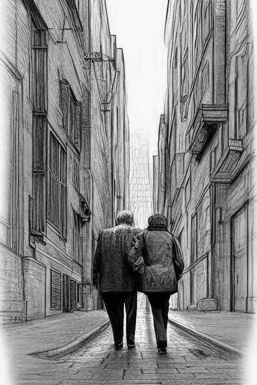 street, old couple walking, model style, hyper realistic, accurate, delicate, extremely detailed, Graphic novel style, wide-angle, front view, open aperture, superfine pencil