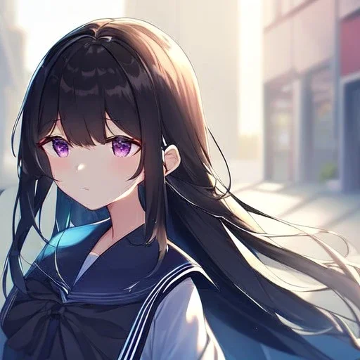 Clear focus,High resolution, Black long fluffy hair, long bangs, and purple eyes, Depressed girl, wearing a sailor uniform, frowning