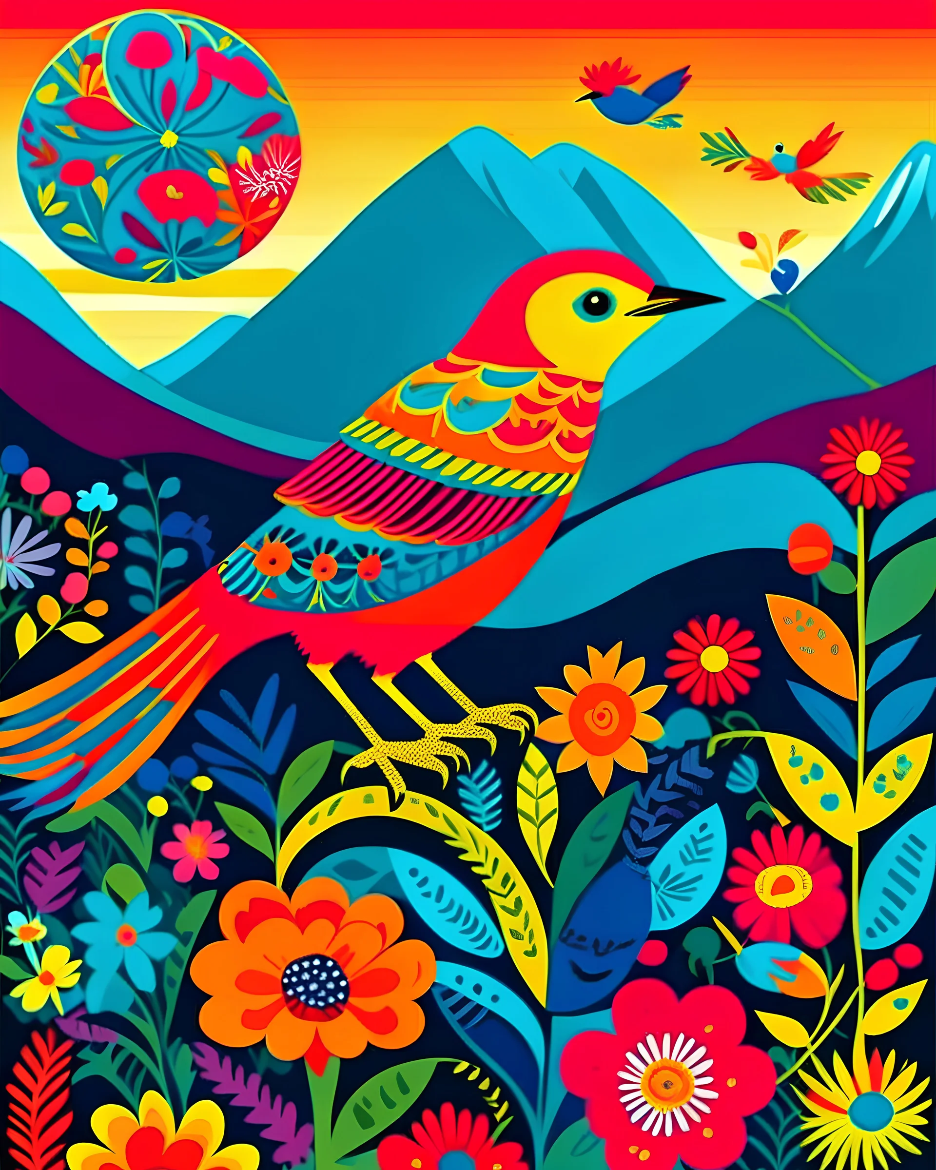 A Birds and Flowers, Kids can have fun the different patterns and designs on the body. Design with a bird standing on a branch in a grassy meadow with mountains. in the background." with bright and happy colors. and whimsical decorations. in vibrant hues