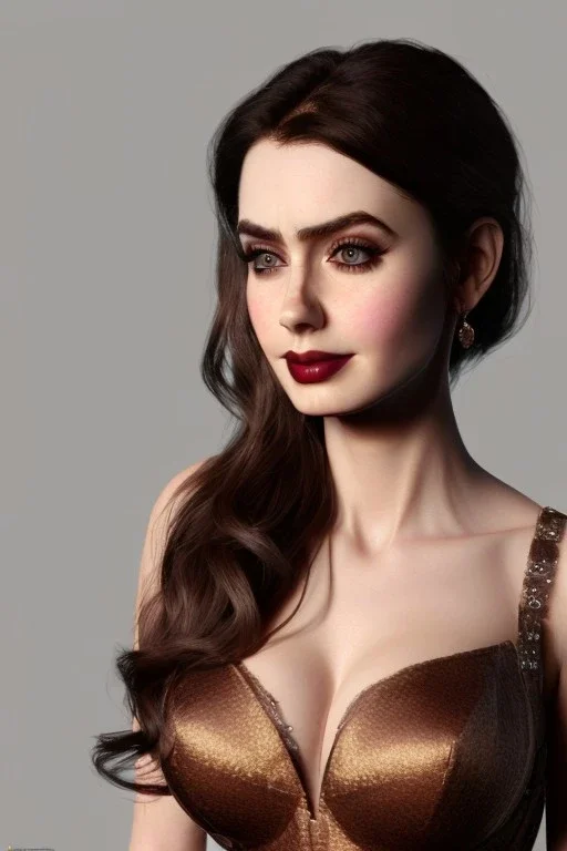 Portrait busty and face, Lilly collins face, brown eyes, wearing Womderfull dress,