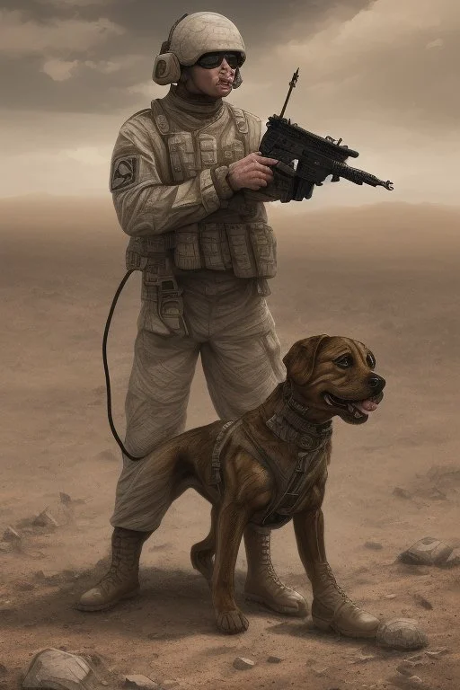 A soldier dog dressed in military combat uniform fighting another soldier dog in the hot desert landscape, digital illustration portrait, dog's face is snarling, aggressive, angry, Craig Miller , futuristic, pulp fiction graphic novel style, hyperrealism, photorealism