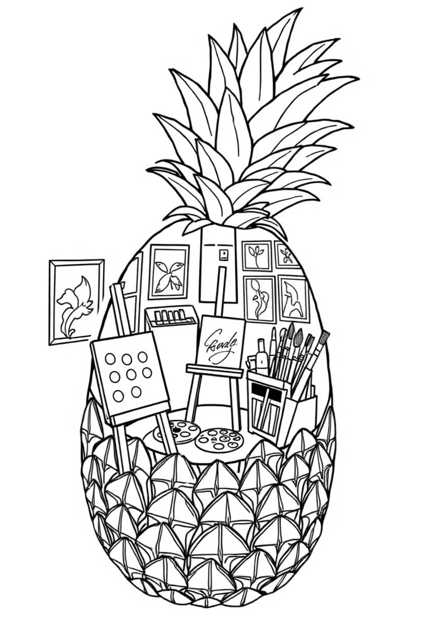 Pineapple Cozy Art Studio Coloring Page: A pineapple cross-section displaying an art studio. Features an easel, paint palettes, brushes, and artworks hung on the walls.