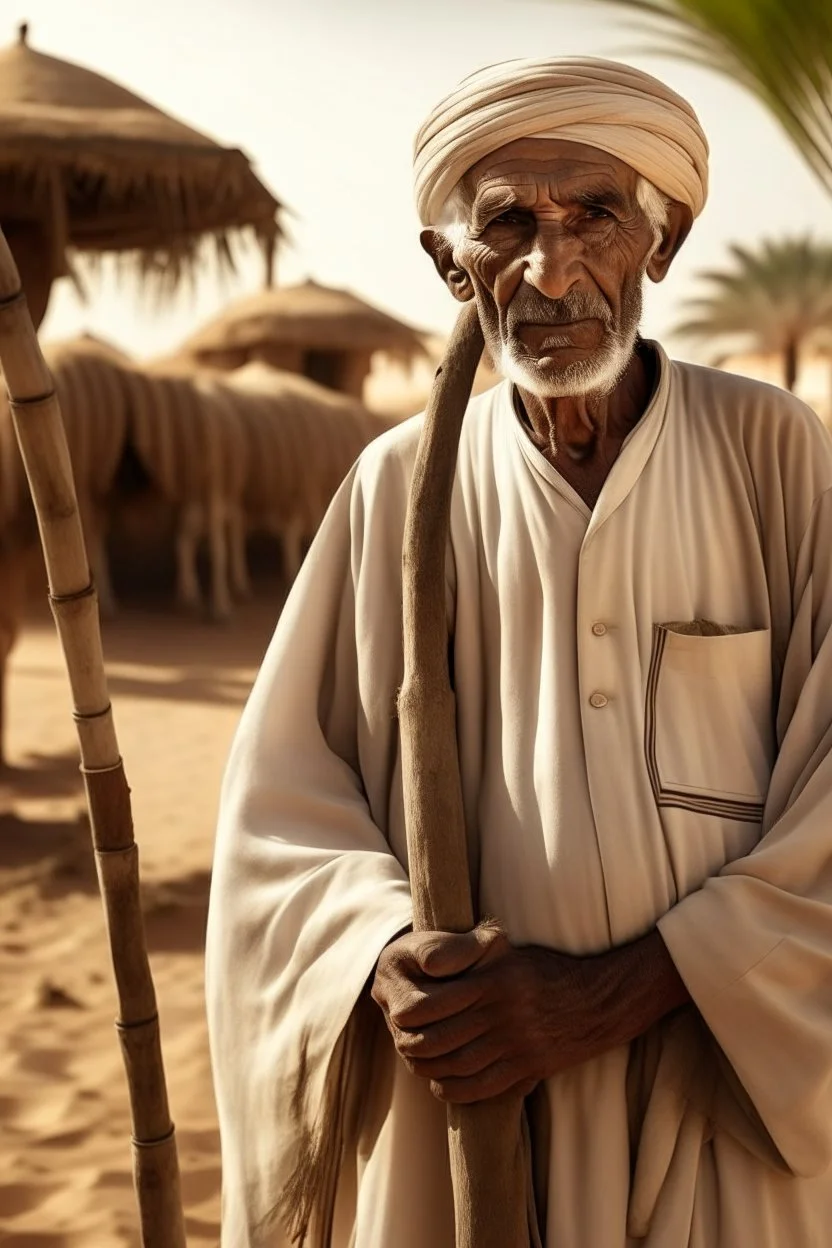 Old man, Arab, turban, white clothes, cattle, desert, council, sun, palm trees, mud houses, holding a stick, looking forward, a very slight smile.