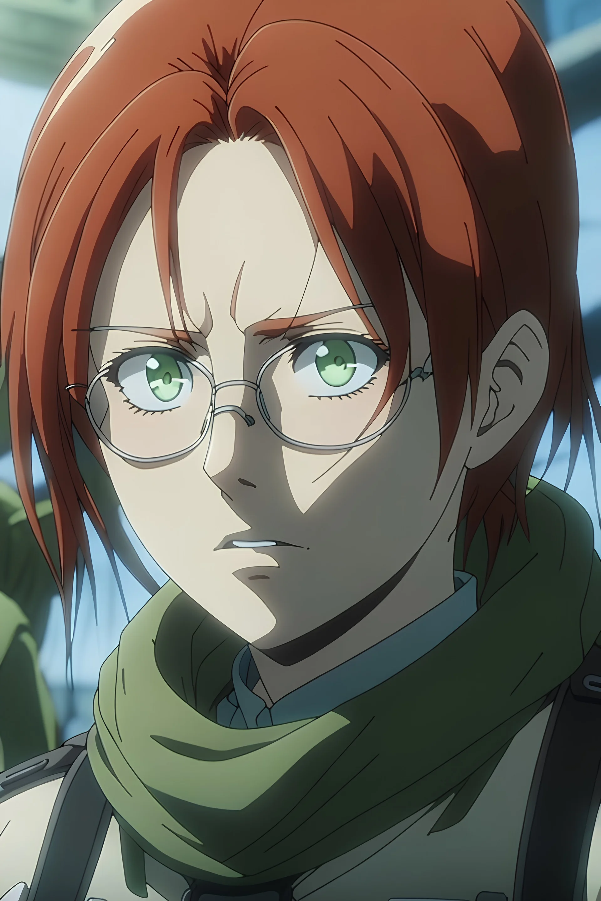 Attack on Titan: A woman with shoulder length red hair and green eyes with a serious look. In glasses, Screenshot of studio Wit. The cadet corps is behind.