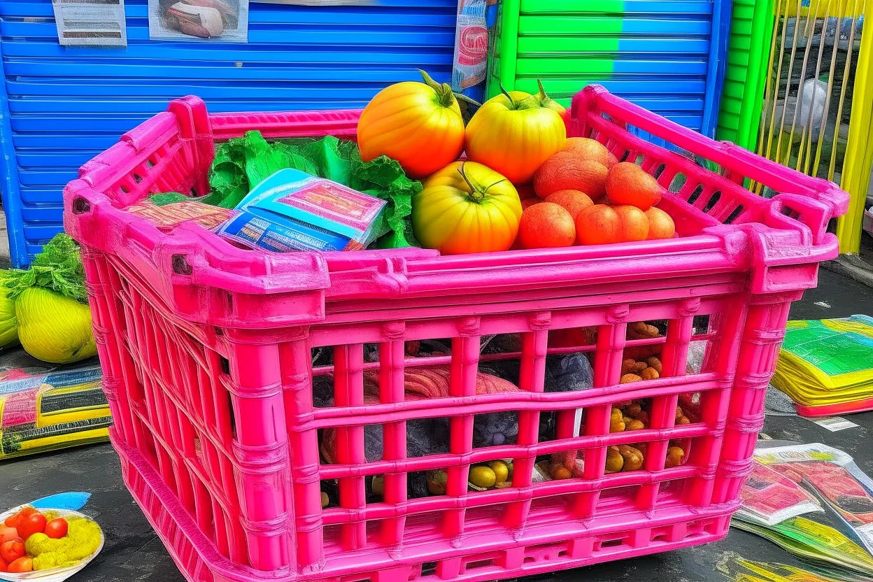 A pink plastic basket with a handle inside this basket contains mobile phones, lettuce, tomatoes, cassette tapes, and puppets, and this basket is next to a newspaper kiosk. like oil painting