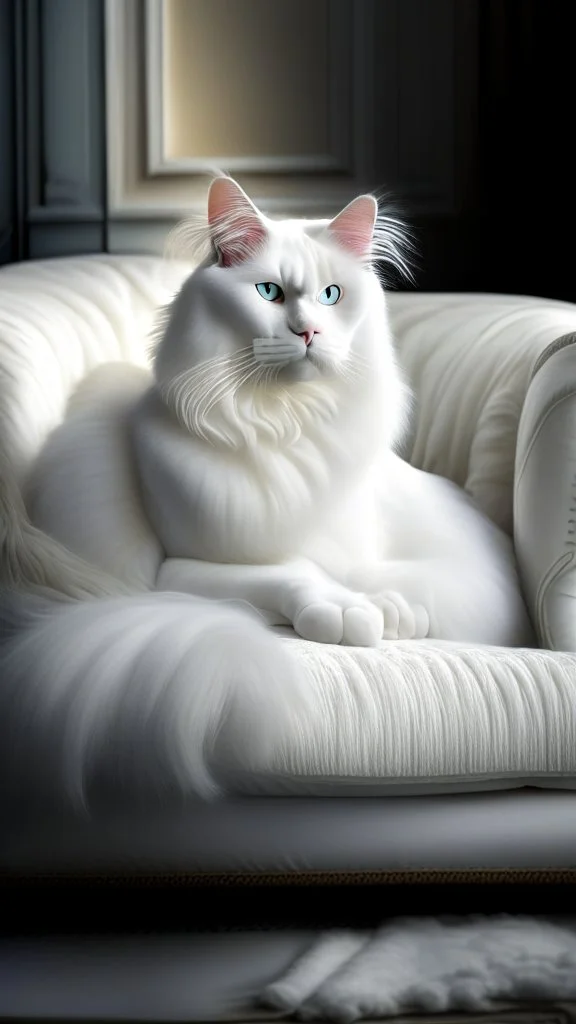 White cat, sitting on a sofa hdr