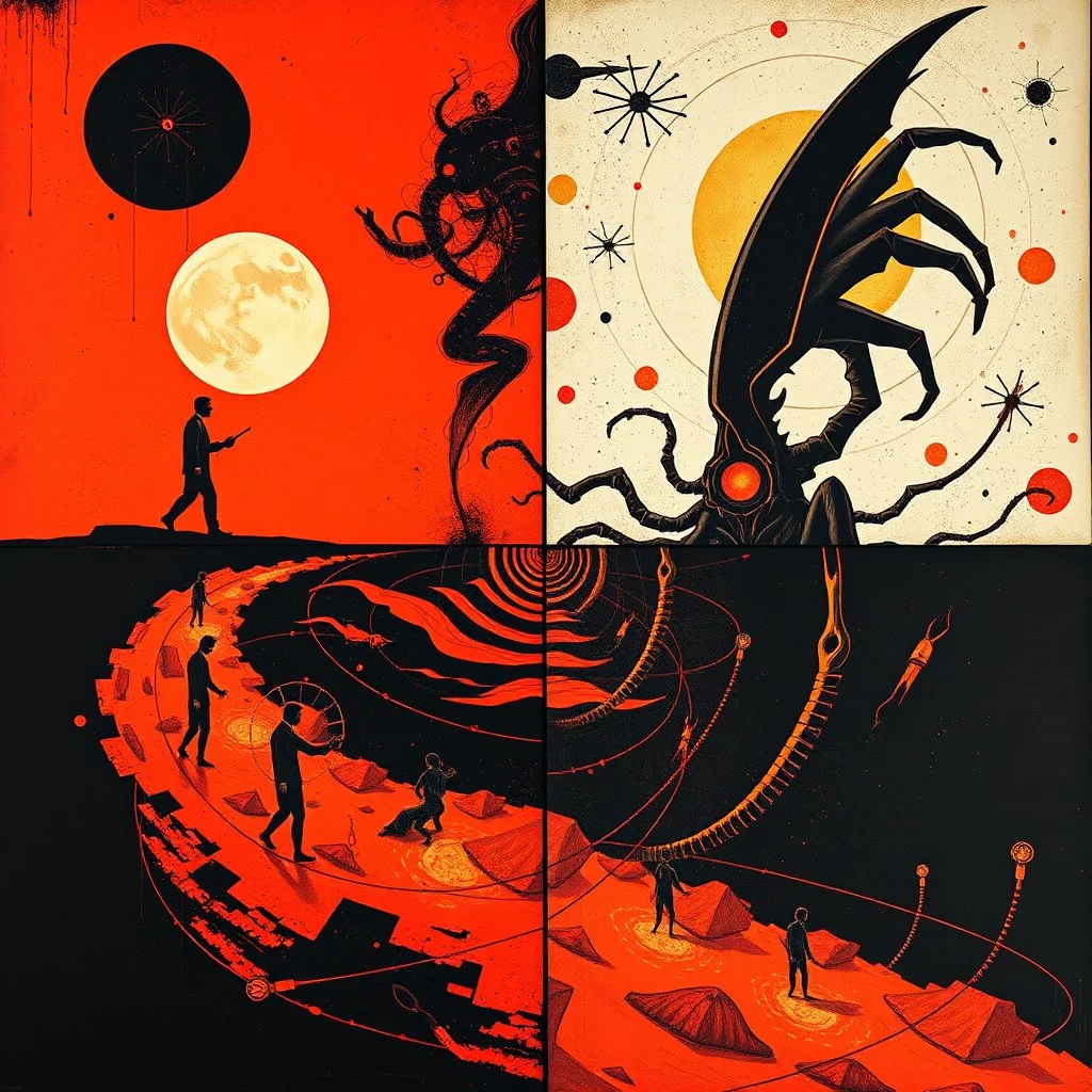 tragedy of the commons regressive overlapping timeline looping, abstract art vs sci-fi art, by Graham Sutherland and HR Giger, by Victor Pasmore and Joan Miro, mind-bending illustration; dramatic and ominous, asymmetric, Braille language glyphs, cosmic horror, red and orange and black color scheme