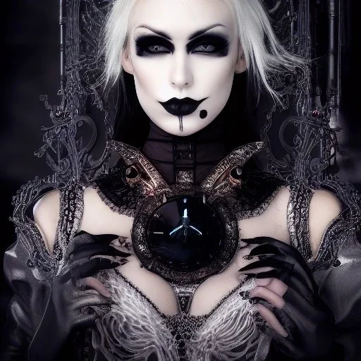 portrait of gorgeous model wearing ultra-gothic futuristic outfit, character creation, full shot, centered, stunning face, ornate, 8k, high-quality, fine-detail, intricate, digital art,