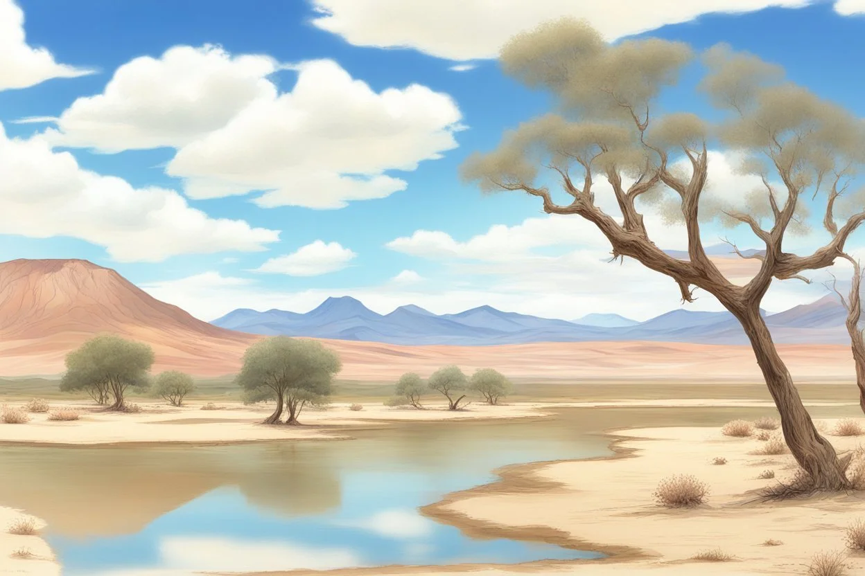 clouds, arid land, distant mountains, dry trees, pond