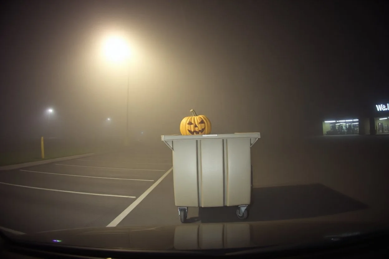 low-quality dashboard cam picture, high film grain, anthropomorphic fused centipede pumpkin hybrid hiding behind dumpster caught in headlights in a Wal-Mart parking lot in a foggy night, found footage horror, low contrast, night vision, static haze.