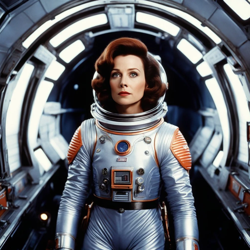 [photo by Evelyn Hofer] Penny Robinson from lost in space: she stands in her iconic space suit inside the spaceship