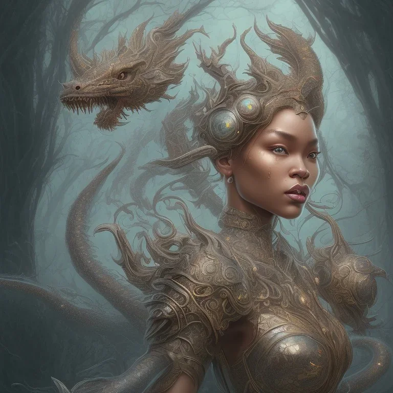 sango fantasy, fantasy magic, intricate, sharp focus, illustration, highly detailed, digital painting, concept art, matte, artgerm and paul lewin and kehinde wiley, masterpiece sexy lips Asian afro lips black African lady body mermaid Dragon head silver bright snow lady outer space mermaid pretty skull head