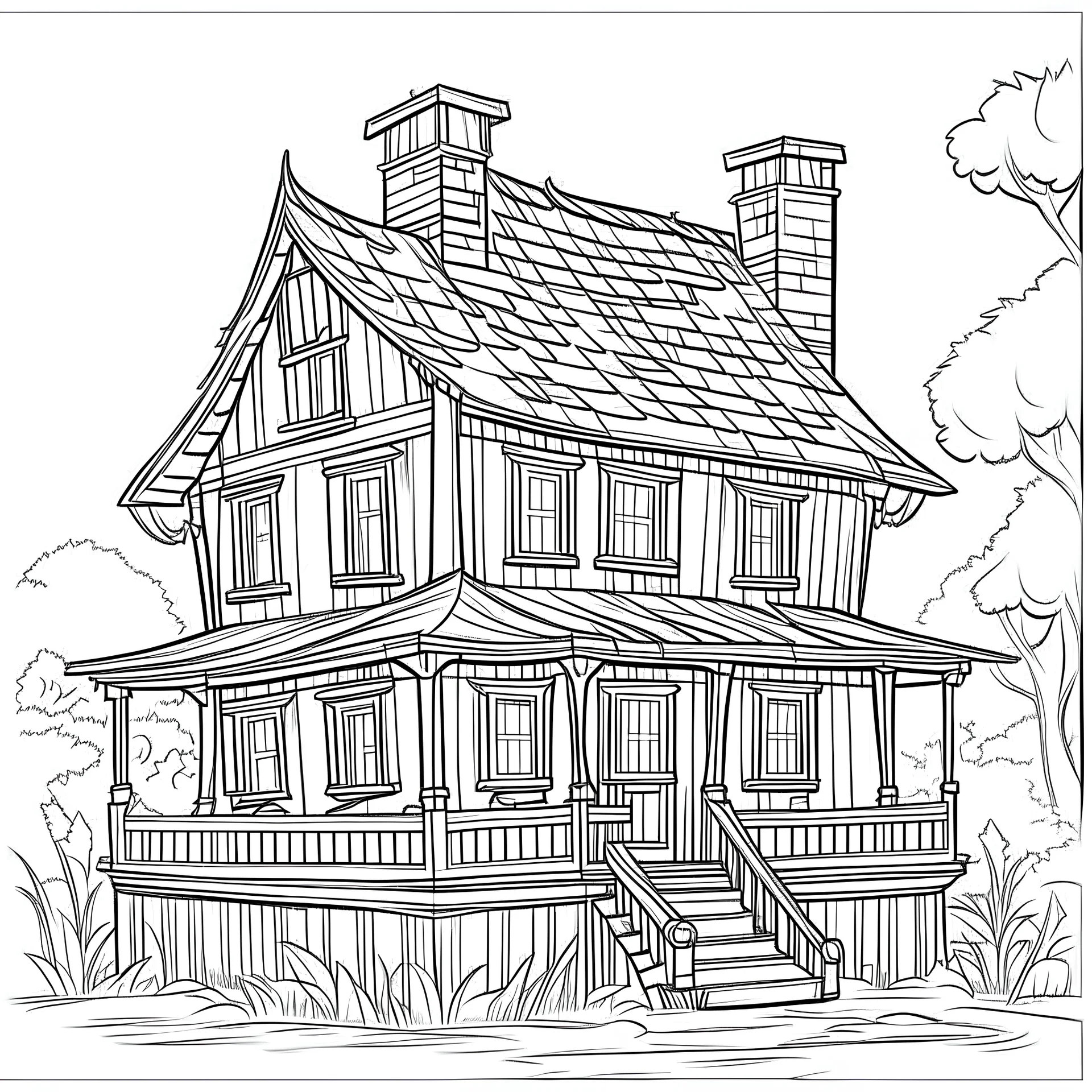 outline art for square mystical barnhouse coloring page for kids, classic manga style, anime style, realistic modern cartoon style, white background, sketch style, only use outline, clean line art, no shadows, clear and well outlined