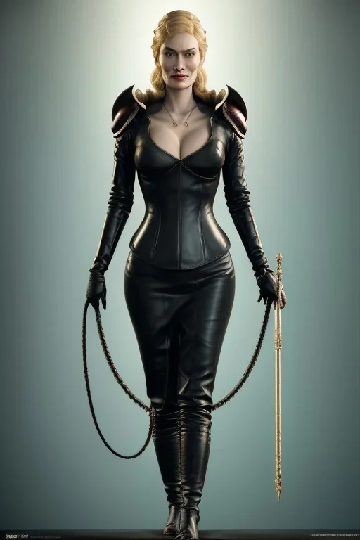 Cersei Lannister as evil dominatrix in black leather and high heeled boots, mistress, busty, cleavage, curvy, lena headay, angry, stern look. character design by cory loftis, fenghua zhong, ryohei hase, ismail inceoglu and ruan jia. unreal engine 5, artistic lighting, highly detailed, photorealistic, fantasy