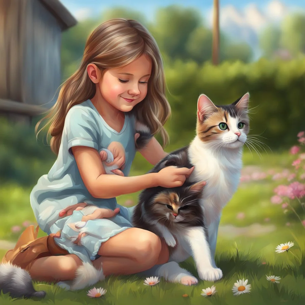 very beautiful realistic cartoon 10 years old girl playing with a cat