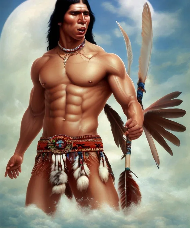 native american warrior, long black hair, big muscles, looking up, mouth wide open, scream face, shirtless