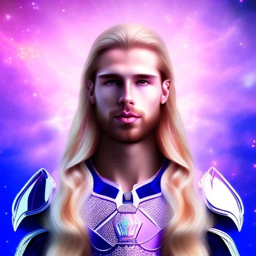 smiling beautifull long hair blond man face with cristal diamond on the forehead , cosmic armor and cosmic purple and blue sky behind