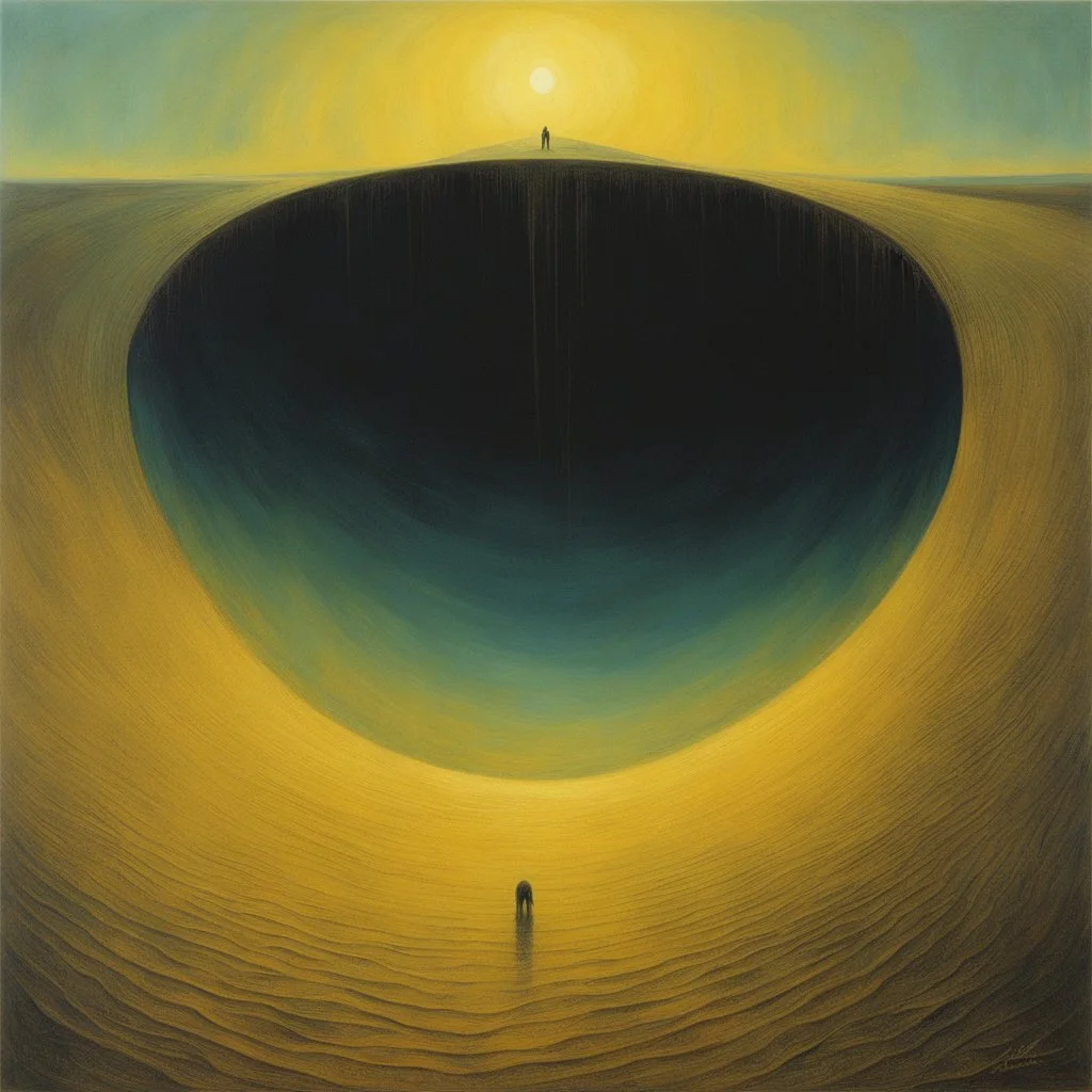 [art by Zdzisław Beksiński] Hunger gnawed, a primal need, 'Till an oasis I found, its sweet waters I drank with greed. Refreshed, but still unsure of my rightful place, I sought shelter, away from prying eyes and alien grace. Wandering these dunes, a mystery unbound, Visions and memories, swirling all around. What forces brought me to this alien ground? A soulful lament, my heart's resound.