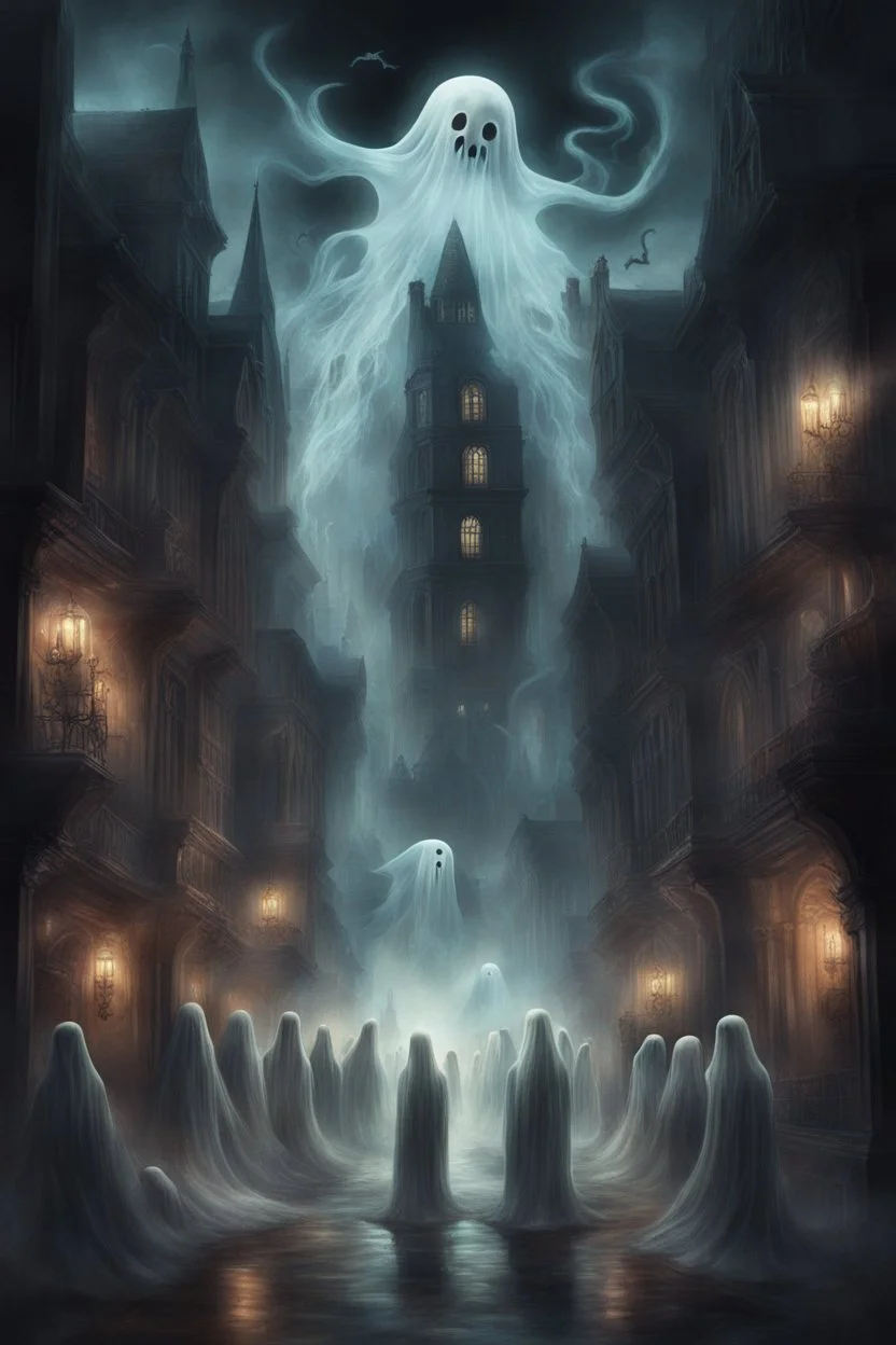 A captivating depiction in digital form, showcasing a plethora of ghost creatures thriving within a surreal and lively ghosts realm. This imaginative artwork embodies the essence of supernatural fiction, presenting a medium shot composition with fantastical beings that are unique, belonging to a world beyond our own. A an old city of ghosts out of this world enhanced by dark atmospheric lighting, Busch painting style nightmare. Thin line draw style