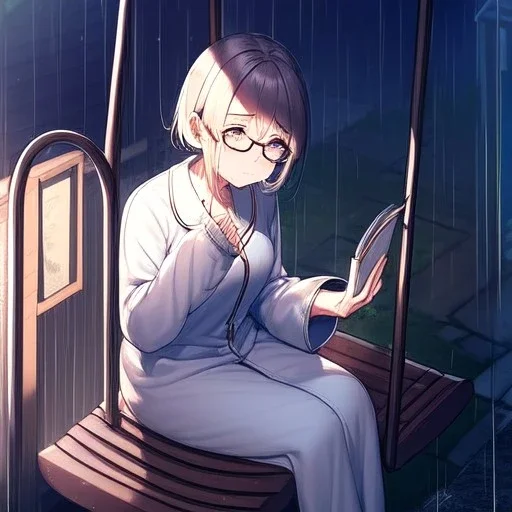 anime girl sitting on a porch swing of an old house, journaling, wearing pajamas, writing in a book, shes watching it rain, more detail on hands and her face,shes deep in her thoughts, wearing glasses, rain drops, she has a pencil in her hand and is writning in the book, she is looking down at what she is writing