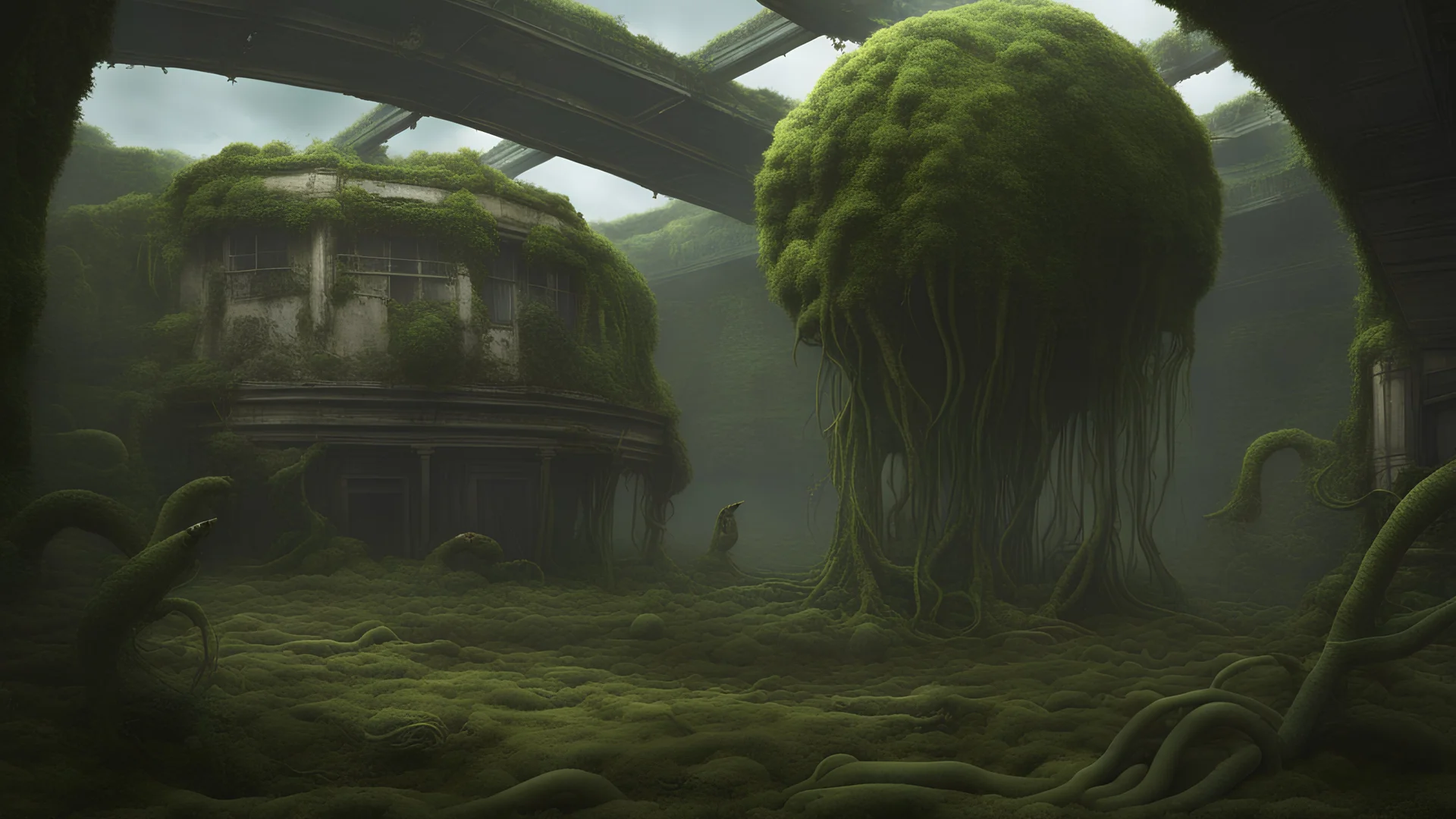 Surreal floating alien balls with tentacles, rampant foliage, vines, and moss, next to a derelict alien building, photorealistic