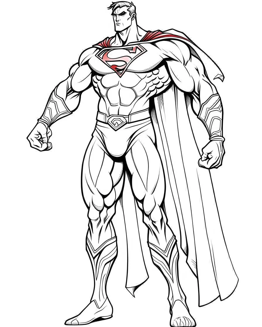 real massive Superman help, coloring page, no leaves, full body (((((white background))))), only use an outline., real style, line art, white color, clean line art, white background, Sketch style