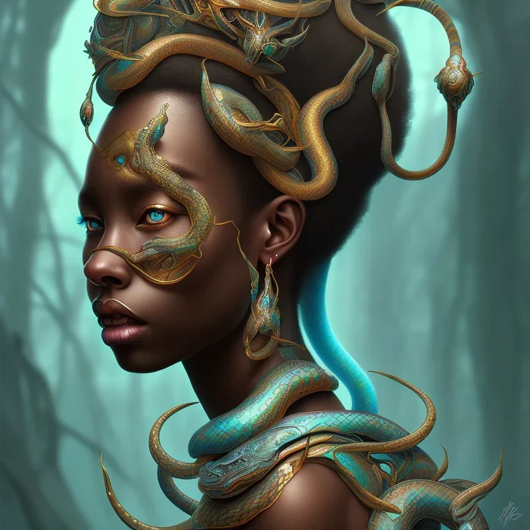 sango fantasy, fantasy magic, intricate, sharp focus, illustration, highly detailed, digital painting, concept art, matte, masterpiece head sexy view black African beauty black afro hair space lady turquoise snake skin African princess