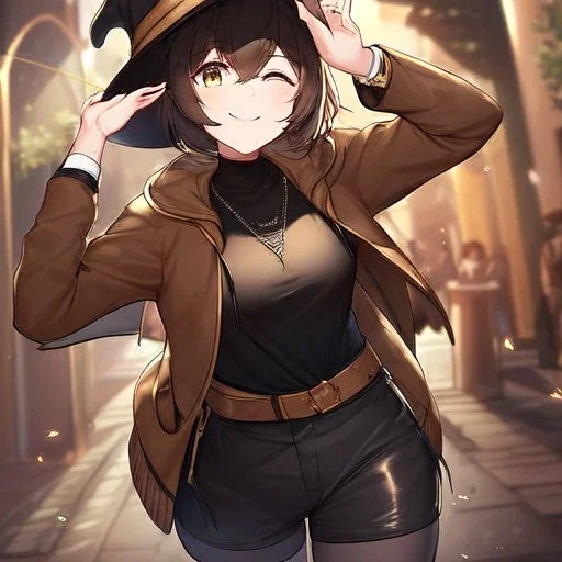 Clear focus, High resolution, short brown spiky hair, hair between eyes, eyes closed, wearing a brown detective hat, wearing a brown jacket and a black shirt, wearing black shorts, 1girl, pulling hat down, smiling