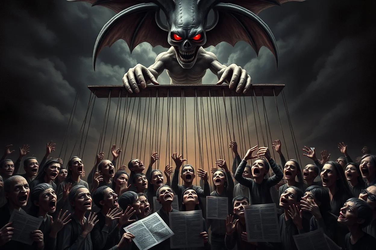 an evil government looms above, pulling the strings of numerous puppets below, the news broadcasts the puppets' suffering everywhere, dystopian, dread, horror