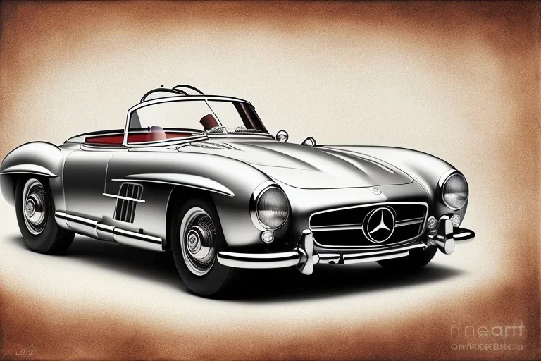 a true-to-life 1955 Mercedes Benz 300 SLR, classic wheels, two-tone paintwork, centered, intricate, extreme detailed, photorealism, center view, stylized random background, pivot on mercedes, pen and color marker painting by cheryl kelley