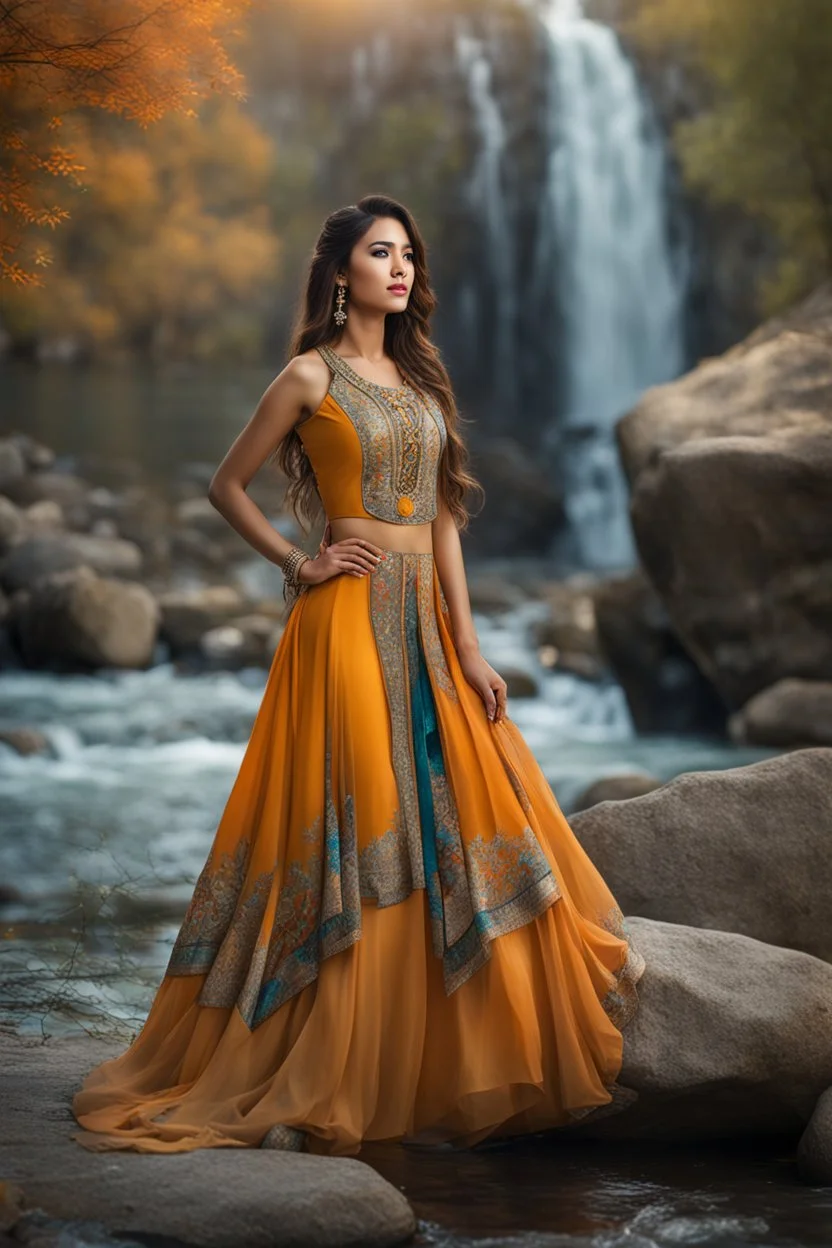 full shot body photo of the most beautiful artwork in the world featuring model, happy mood, High Detail, dramatic, photo realistic, ultra sharp, ultra hd, hyper realistic, ultra realistic, ((((dress)))), trending on artstation, sharp focus, studio photo, intricate details, highly detailed, standing in nice pose in country side with river ,water fall ,rocky vally