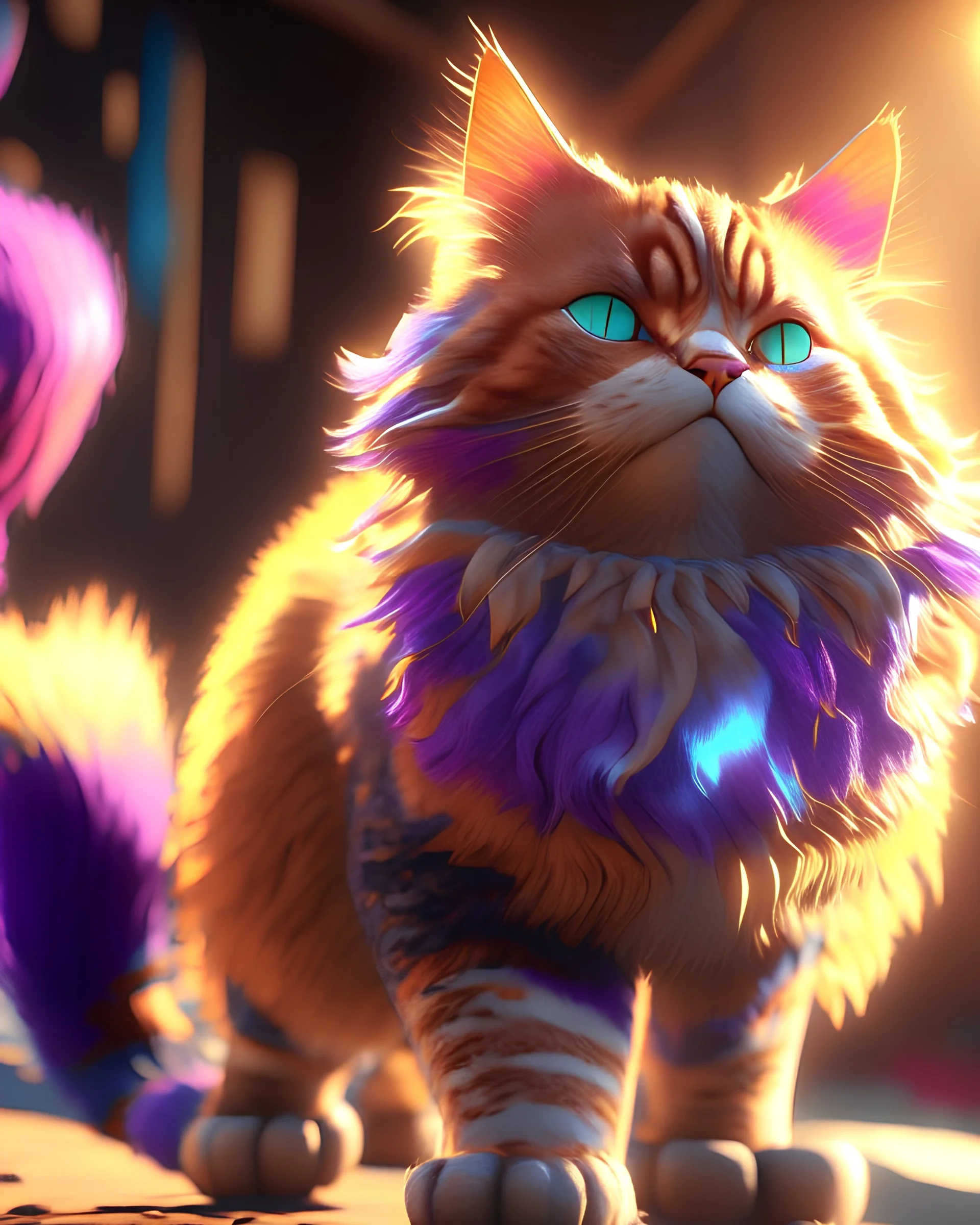 Stunning 3D video game style cat, realistic fur, vibrant colors, dynamic pose, epic background, Unreal Engine, Pixar, key art, high resolution, point lighting, midday sun, Canon EOS R5, cat, 3D, video game style, realistic, vibrant colors, dynamic pose, Unreal Engine, high resolution, point lighting, midday sun, Canon EOS R5.