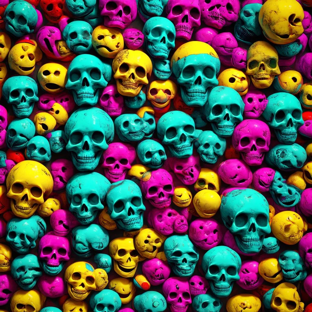 ANATOMICALLY CORRECT digital photograph of wall of multicolored SKULLs OF freshly skinned SMILEY FACEs with fine line, highly detailed, high resolution, 8k 3d, vray, horrorcore, vivid, btight