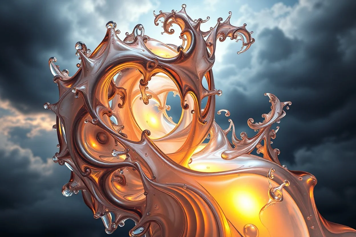 Dynamic complex hypnotic fractal 3D structures twisting and morphing between organic and geometric forms, smooth translucent iridescent glass with inner glow and bubbles, varied transparent materials, stormy skies, intense dramatic