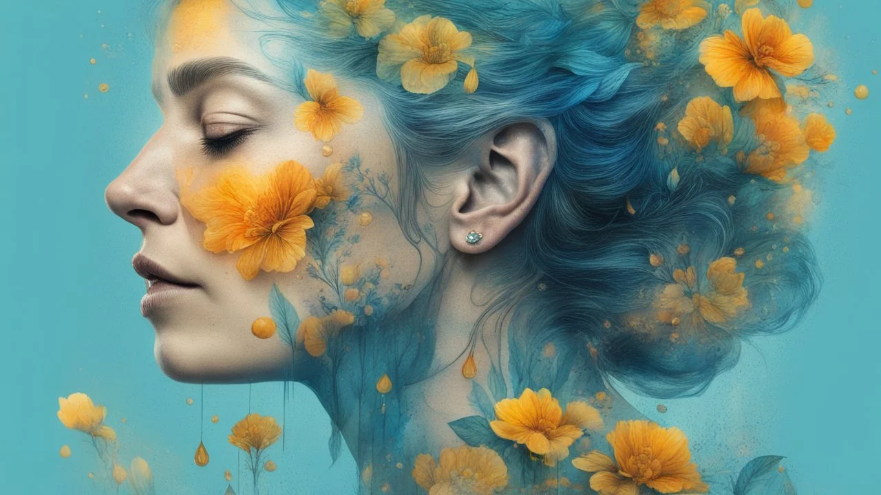 blue background, 18th century, double exposure, portrait Woman 43 years old, wind, flowers, tears, plants, yellow, blue, green, orange colors, bright, drops, detailed, fine drawing, high detail, high resolution, 8K, tattoo, city, double exposure,