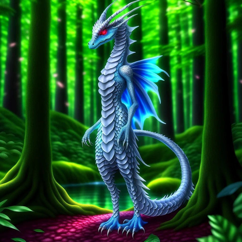 A dragonoid human with silver scales along with a long, flexible tail in a magical forest