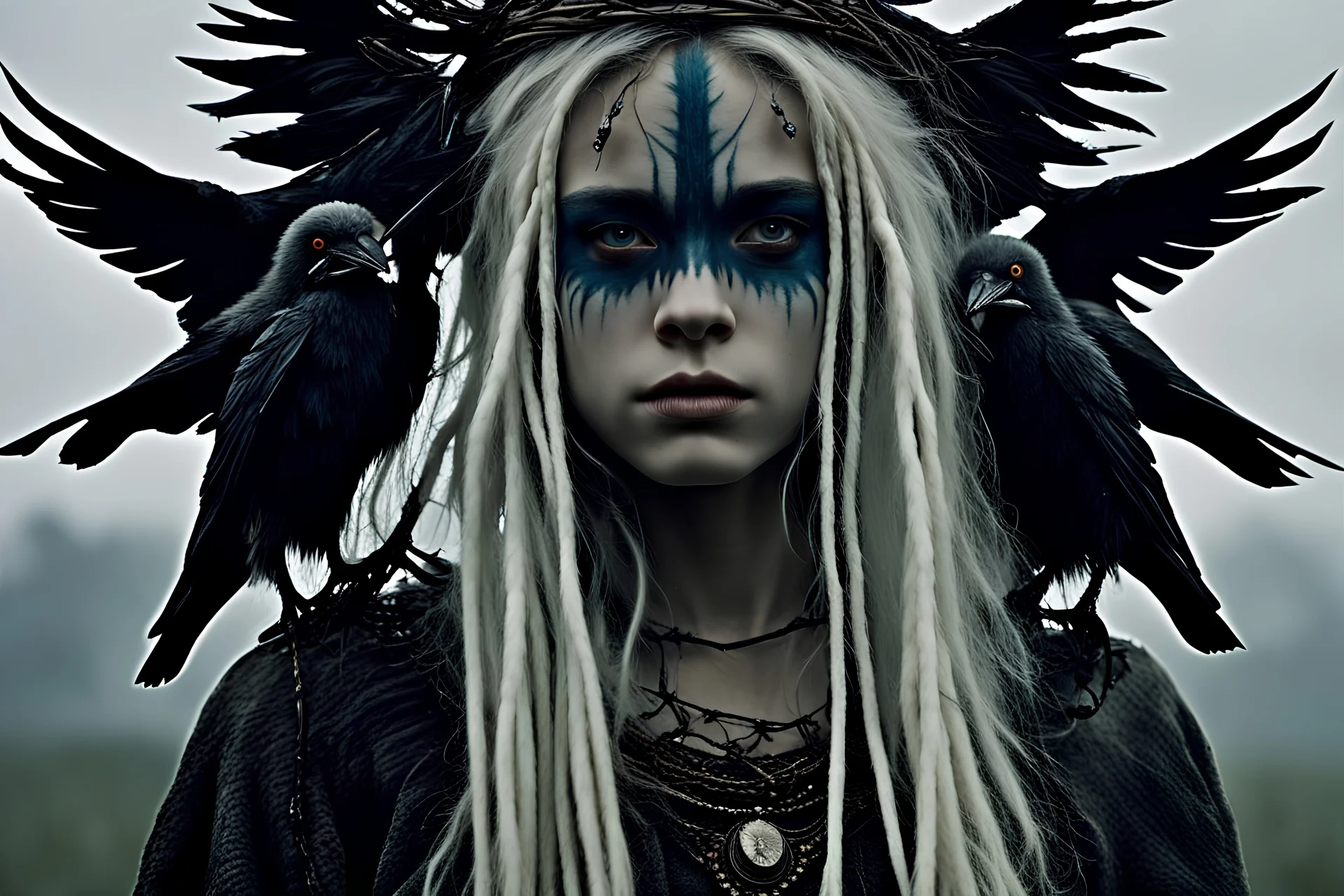 Otherworldly, heilung old masked fairies witches singers and and crows, Cara Delevigne MacKenzie Foy Avril Lavigne, tribal dance fur open dress, beautiful long white dreadlocks hair, 15 years old Nordic young girl, black face paint stripes on the eyes,dances magic in the stormy misty moor, closeup of the white crow, intricate, pagan music art, rune simbol in the forest background, high detailled, fanart, oil painting, 8k, Mario Bava-Boris Mikhailov-Alex Strohl movie style