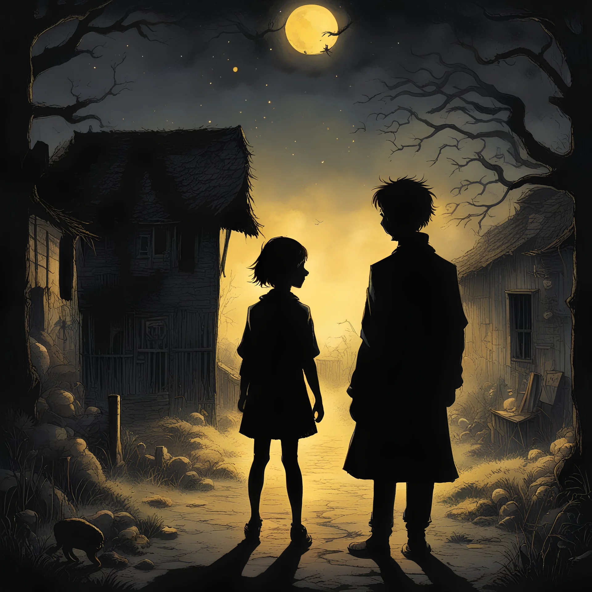 L'image de couverture du livre est un village désolé, plongé dans l'obscurité de la nuit. Au centre de l'image, un jeune homme excentrique et une petite fille se tiennent face à face, leurs regards chargés d'émotion, symbolisant le contraste entre la lumière et l'ombre. Au-dessus d'eux, la silhouette d'une broche en or brille faiblement, évoquant le mystère de la mort et les tragiques événements. Tim Burton