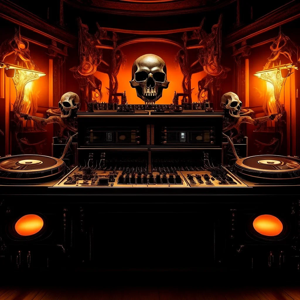 DJ of the damnded, insanely detailed DJ booth in hell, MID set, speakers and equipment made of bone, anatomically correct, add more skulls in th audience, photorealism, vray, 8k 3d