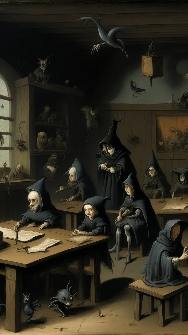 Bosch painting style nightmare, a dark children class room all children’s sitting on the desks are ghosts creatures, the teacher is a hooded creature in front of the blackboard