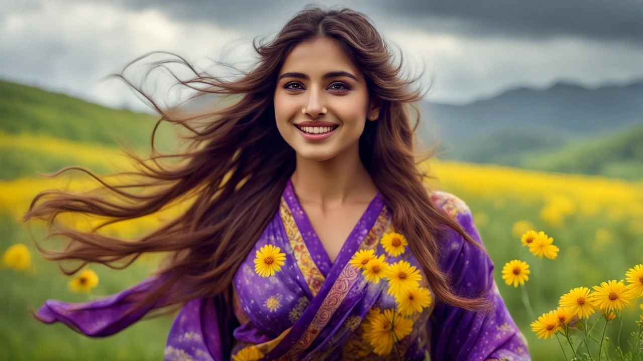 Hyper Realistic Photographic Close-Up View Of A Beautiful Young Pashto Woman With Beautiful Eyes Lips & Nose (Wearing Beautiful Tie-&-Dye Frock With Purple Floral Patterns On It Her Beautiful Long Hair Whirling In Air) Happily Whirling & Smiling On Grassy-HillTop With Yellow-Flowers & A Valley Down, At Cloudy Weather With Heavy Rainfall Showing Dramatic & Cinematic Ambiance.