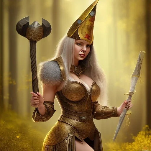 portrait cute female gladiator in gown and witch hat, in blurry golden forest