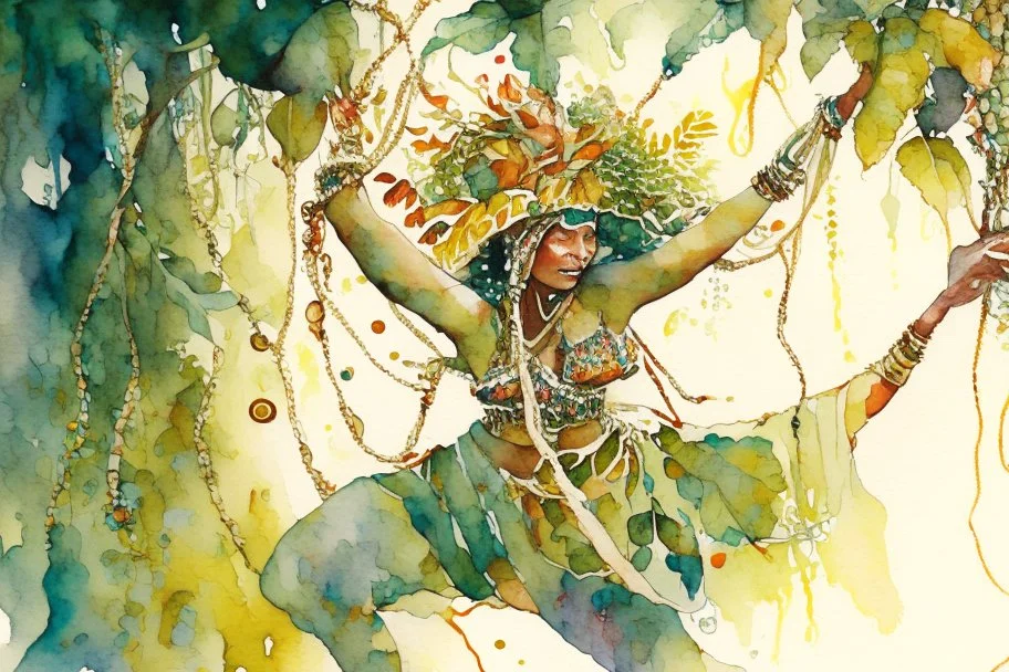 a lush jungle, a woman dressed in embroidered folk costume with a beaded bonnet on her head holding on to a vine with one hand while swinging across and reaching for the next vine with the other, dynamic movement, sunshine, watercolor and ink, oil on canvas