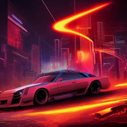 cyberpunk,landscape ,cars , GUITARS, cinamatic, highly detailed, close up, 4k , deep colours, gold , fire , red, purple,dark ,etheral , utopia , apocalypse, flying Cadillac, from outer space