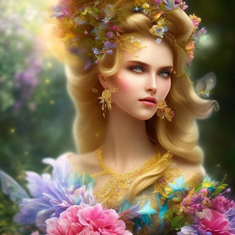 bright fairy, beautiful portrait, flowery landscape