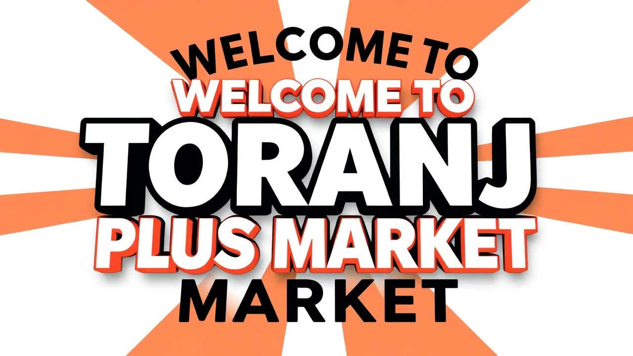 A design with the words (WELCOM TO TORANJ PLUS MARKET) in the middle of the image in a raised, three-dimensional manner with black shadows around the words on a saccodolic orange, red, and white background.
