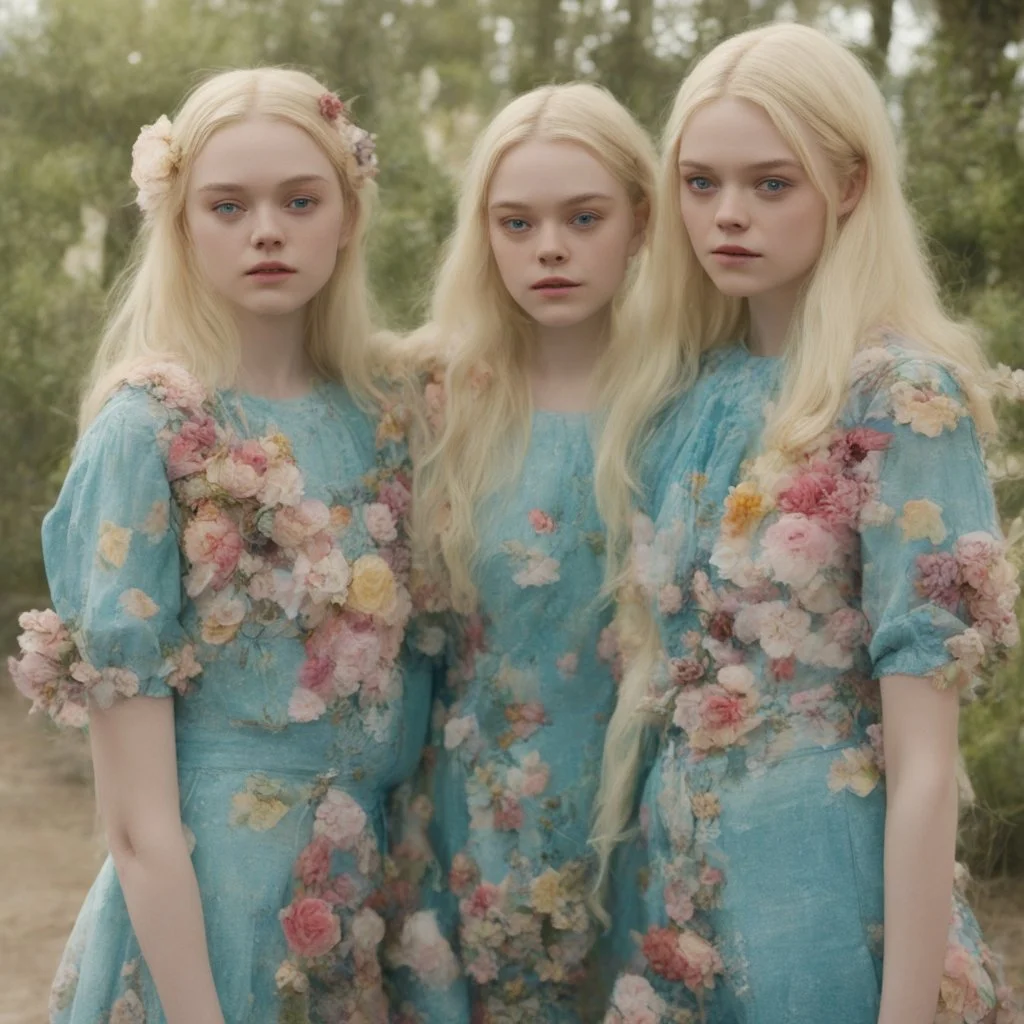 Elle fanning and dakota fanning as flowers, turquoise, jean.