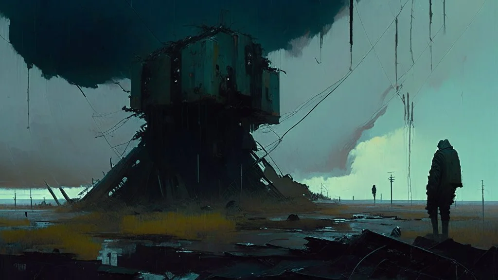 Ephemeral Despair: Cryptic Chronicles, techno gothic Science fiction painting, Denis Sarazhin Simon Stålenhag, Goro Fujita Nicolas Bruno, sinister skies, harsh survivalism, Peter Sallesen, Hamish Frater, ominous vibes