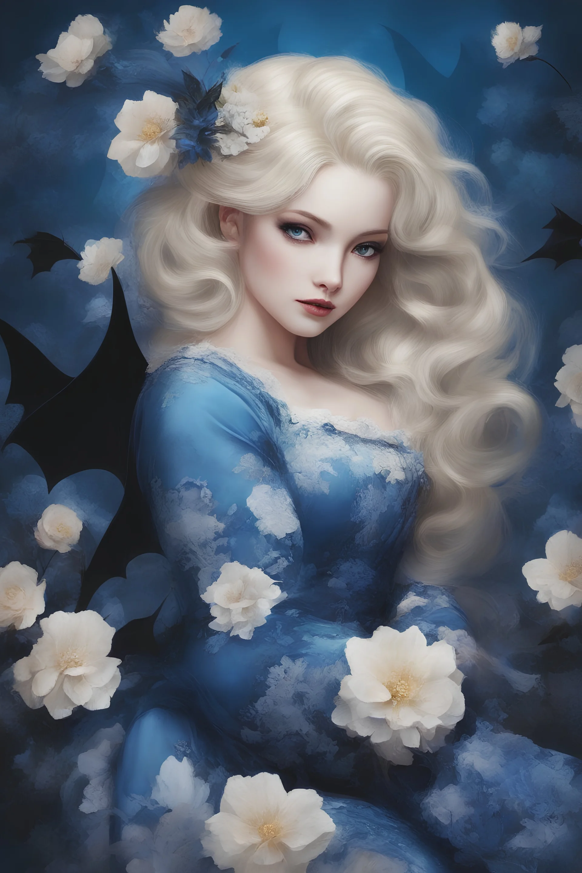 blue, large, woman, blonde, floral designs, atmospheric, beautiful, China Doll, Lap dog, in the art style of Batman